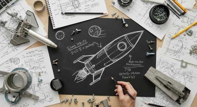 Engineer sketching rocket design on blackboard surrounded by technical drawings and parts.