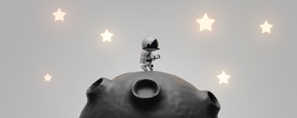 3d cartoon astronaut exploring asteroid with glowing stars in space