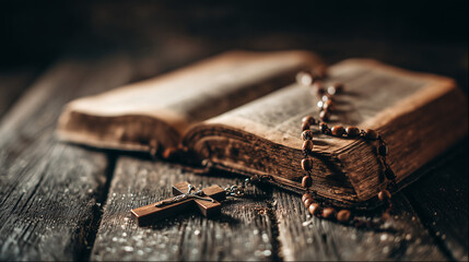 Catholic Rosary Month, rosary beads resting on open Bible, wooden church pew background,