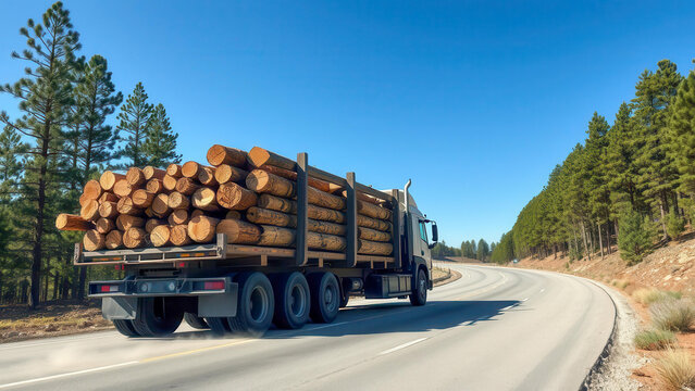A heavy truck transports pine logs along the highway. The image symbolizes logging and timber supply. The focus is on industry, logistics and sustainable raw materials.