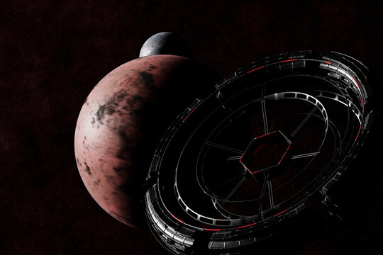 Futuristic space station orbiting Mars with exoplanet in the background
