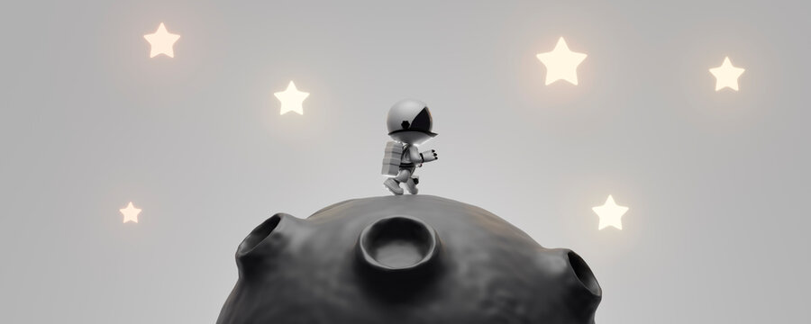 3d cartoon astronaut exploring asteroid with glowing stars in space