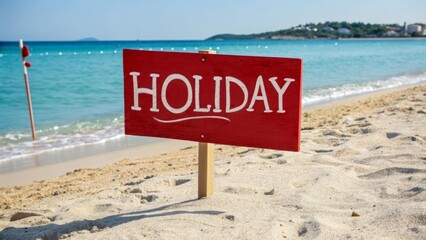 A beach scene with a bright "Holiday" sign on the sea background. Sand, waves and blue sky convey the summer mood. The concept of holiday freedom and carefree.