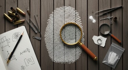 A detective's wooden desk from above, showing a fingerprint clue and forensic investigation tools.