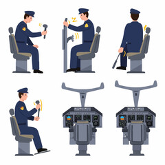 Illustration of a pilot demonstrating various flight controls and views of an aircraft cockpit with instrument panels, showing different angles of interaction.