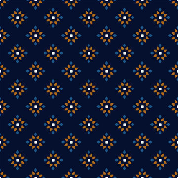 Elegant diamond pattern classic patchwork style stars background. Marine blue banner with small orange squared stars motif. Modern style fabric design textile swatch ladies dress allover print block.