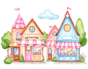 Little boy and girl decorating a gingerbread house with candy and snow for Christmas