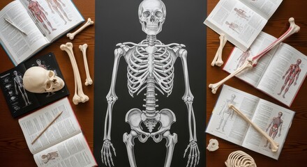 A top-down view of a study table for human anatomy with a skeleton chart and model bones