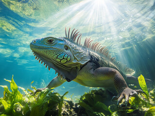 Marine Iguana Basking on Coral Reef in Tropical Waters 열대 바다 산호초에서 휴식하는 바다이구아나