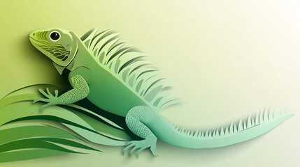 Stylized Green Lizard Vector Art with Tropical Palm Leaves, 열대 야자잎과 함께한 양식화된 녹색 도마뱀 벡터 아트