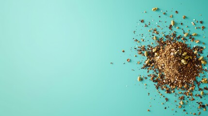 Visually striking splash of ground cardamom against a teal background, copy space on the right, advertising background