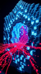 Abstract Digital Interface with Hexagonal Icons and Futuristic Data Stream in Neon Colors, cyber security wall