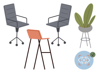Two ergonomic office chairs, a tall stool, a potted plant, and an eye focus graphic. Ideal for workspace, productivity, ergonomics, coworking, modern interiors teamwork simple flat metaphor
