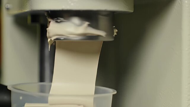 Creamy Frozen Dessert Creation: Close-Up of Ice Cream Maker Dispensing Delicious Swirls