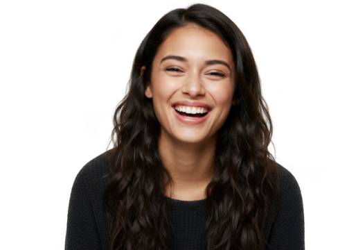 Young woman laughing with joy isolated on transparent background