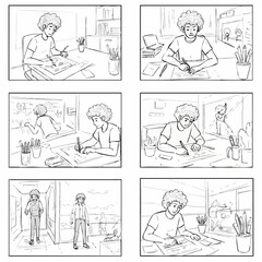 A young artist's creative journey: storyboarding ideas, from digital drawing to imaginative scenes and real-world inspiration.