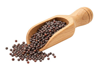 Wooden scoop filled with mustard seeds isolated on transparent background