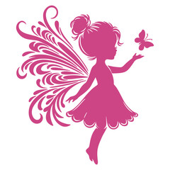 Baby fairy vector silhouette with intricate wings, gracefully reaching out to a butterfly, embodying magic and whimsy in a charming design for creative projects