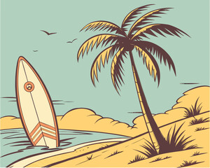 Cartoon Tropical Beach Scene with Palm Tree, Surfboard, Starfish, and Seashell on Sandy Island Illustration