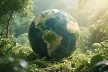 Fototapeta premium Earth globe surrounded by lush greenery, representing environmental harmony and nature