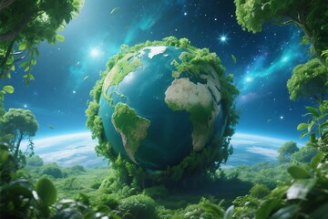 Earth globe surrounded by lush greenery, representing environmental harmony and nature