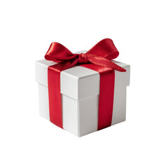 A collection of elegant white gift boxes adorned with red satin ribbons and bows, isolated on a transparent PNG background, for holiday promotions, birthday themes, online shops, Christmas, New Year