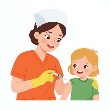 A friendly cartoon nurse administers a vaccine injection to a calm young girl, illustrating pediatric healthcare and immunization.