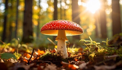 Enchanted Forest: A Majestic Red Mushroom Basking in Sunlight