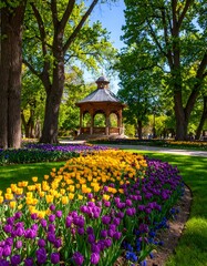 Colorful park gazebo with tulips