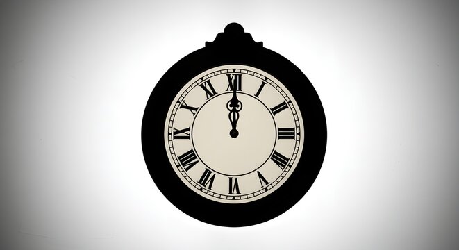 Vintage clock shows midnight against white gradient. Great for New Years, end-of-year celebrations, countdown posters, website graphics.