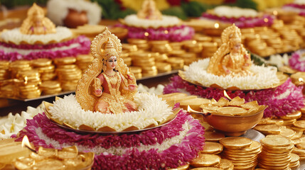 Lakshmi Puja, close-up of traditional altar with Goddess Lakshmi idol, surrounded by gold coins