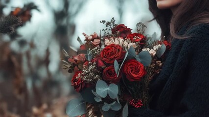 Holding flowers, a gorgeous bouquet of red roses, delicate eucalyptus, and mixed greenery, woman presents bouquet with somber backdrop. Flowers represent love, remembrance, and sympathy