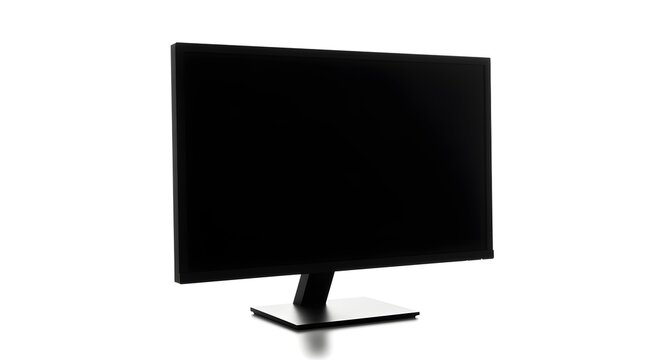 Black flat screen monitor stands angled on white, ready for product photography or tech branding.