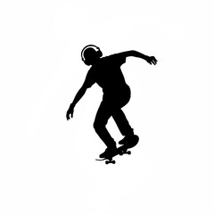 Silhouette of skater wearing headphones mid trick on white background