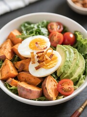 Egg & Avocado Sweet Potato Bowl. Soft-boiled eggs, avocado, sweet potatoes, lettuce, cherry tomatoes. Top with fried shallots