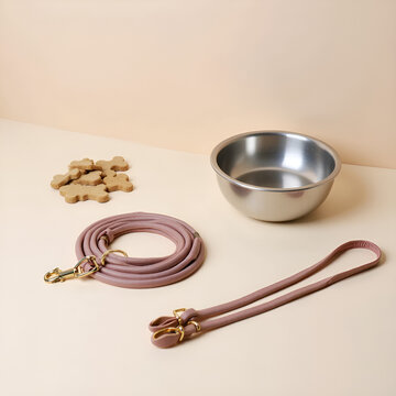 Different leashes and colars for dogs made of fabric and leather. Flat lay. Accessories for pets.
