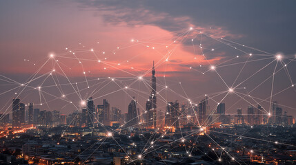 Smart city and wireless communication network concept. Digital network connection lines 