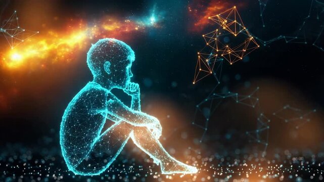 A contemplative child silhouette made of glowing particles sits in a cosmic environment surrounded by colorful abstract shapes and lights evoking a sense of wonder and imagination