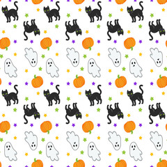 Cute halloween seamless pattern background. Pumpkin with witch hat, black cat, ghost and bats on purple background.