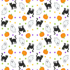 Ghost cat pattern. Spooky halloween kittens faces, horror animals and cute witchcraft cats seamless vector illustration. Halloween seamless cats wallpaper