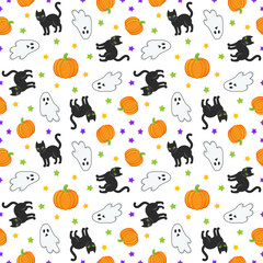 Cute halloween seamless pattern background. Pumpkin with witch hat, black cat, ghost and bats on purple background.