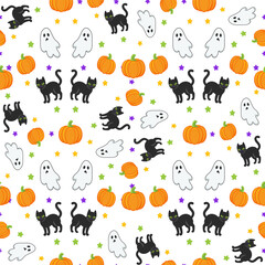 Cute halloween seamless pattern background. Pumpkin with witch hat, black cat, ghost and bats on purple background.