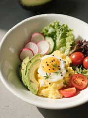 Avocado Egg Bowl. Soft scrambled eggs, avocado, cucumber, radish, lettuce, cherry tomatoes. Finish with cracked pepper and herbs
