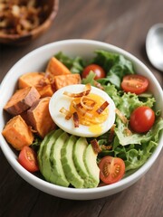 Egg & Avocado Sweet Potato Bowl. Soft-boiled eggs, avocado, sweet potatoes, lettuce, cherry tomatoes. Top with fried shallots
