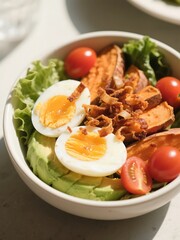 Egg & Avocado Sweet Potato Bowl. Soft-boiled eggs, avocado, sweet potatoes, lettuce, cherry tomatoes. Top with fried shallots