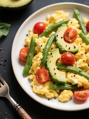 Avocado & Egg Scramble. Scrambled eggs with green beans, avocado, and cherry tomatoes. Serve warm with a sprinkle of black pepper
