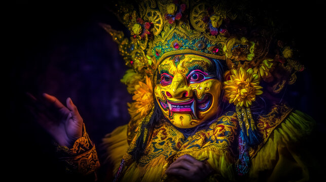 Tarian Topeng Bongsan Talchum, dramatic moment of masked dancer mid-spin, blurred motion