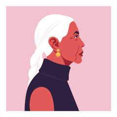 Vector portrait of an elderly Native American woman in profile with white braided hair, against a soft pink background. Side view. Flat minimal illustration style.