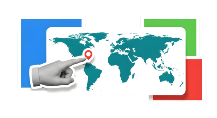 Global Exploration: Hand Points to South America on World Map for Travel and Business Themes