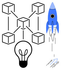 Interconnected cubes symbolizing blockchain, light bulb for innovation, and rocket representing progress and success. Ideal for technology, innovation, startups, growth, blockchain, creativity